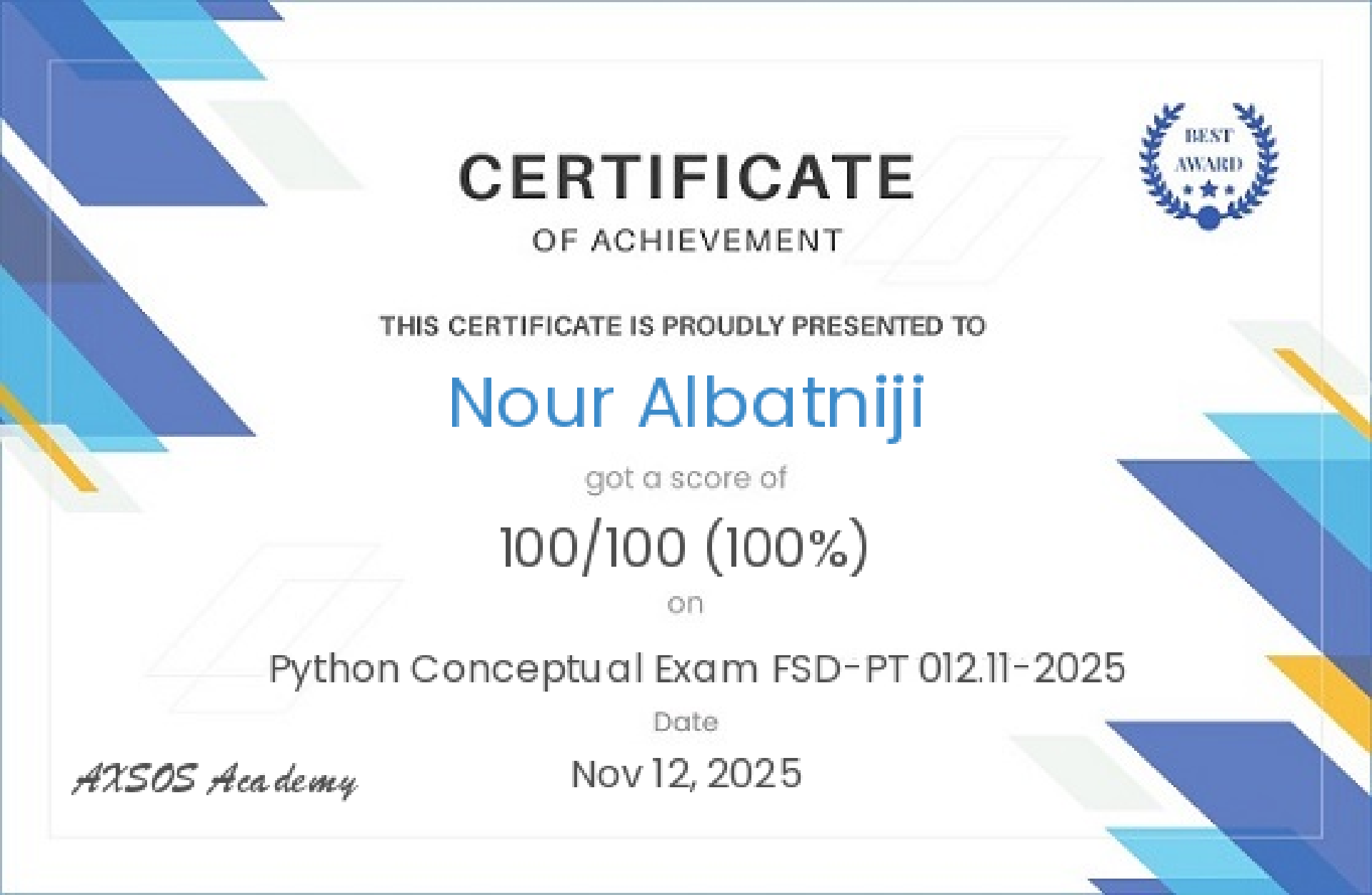 Python Conceptual Exam certificate