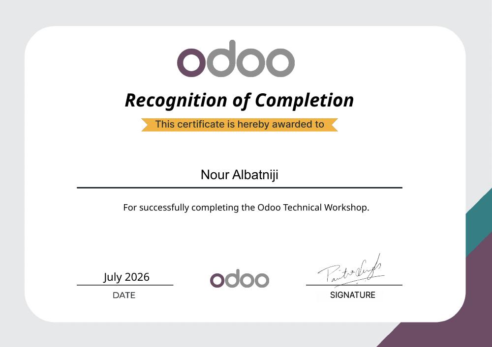 Odoo Technical Workshop certificate