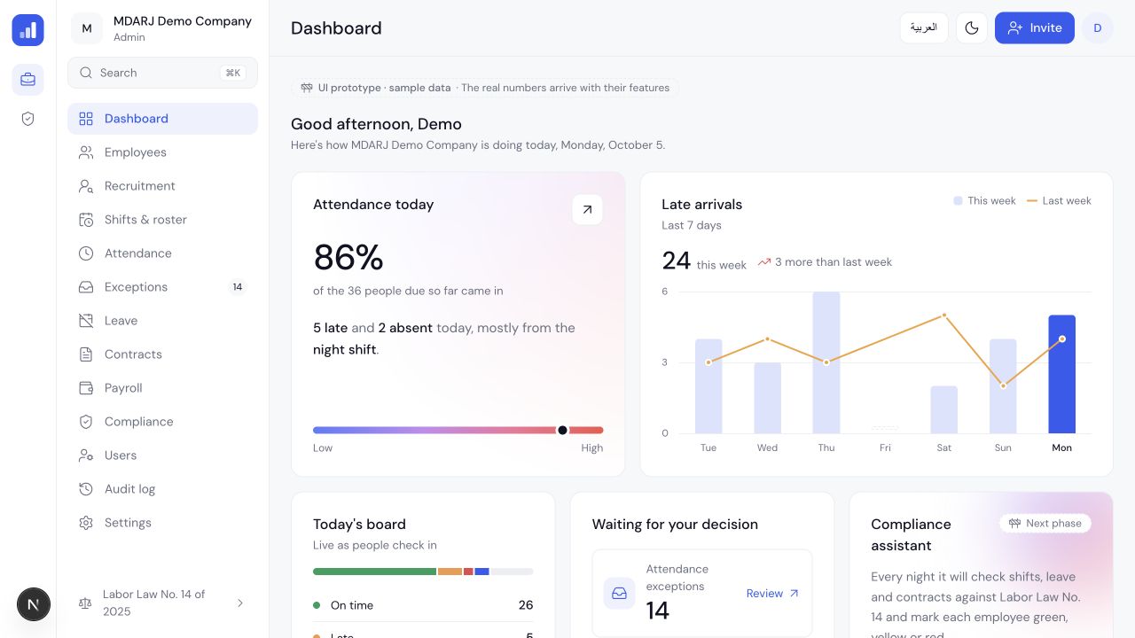 MDARJ English dashboard prototype with sample attendance and exception data
